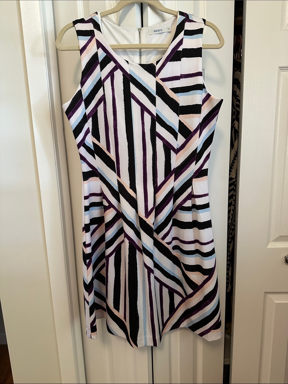 Ricki's Sleeveless Geometric Stripe Dress in White, Black, Purple and Light Blue